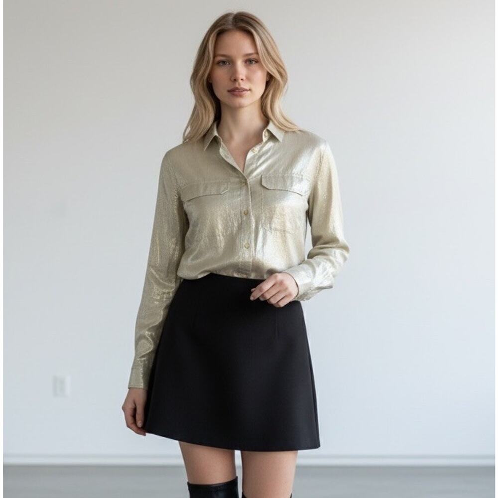 J CREW Gold Shimmer Collared Blouse Size 4 Metallic Chic